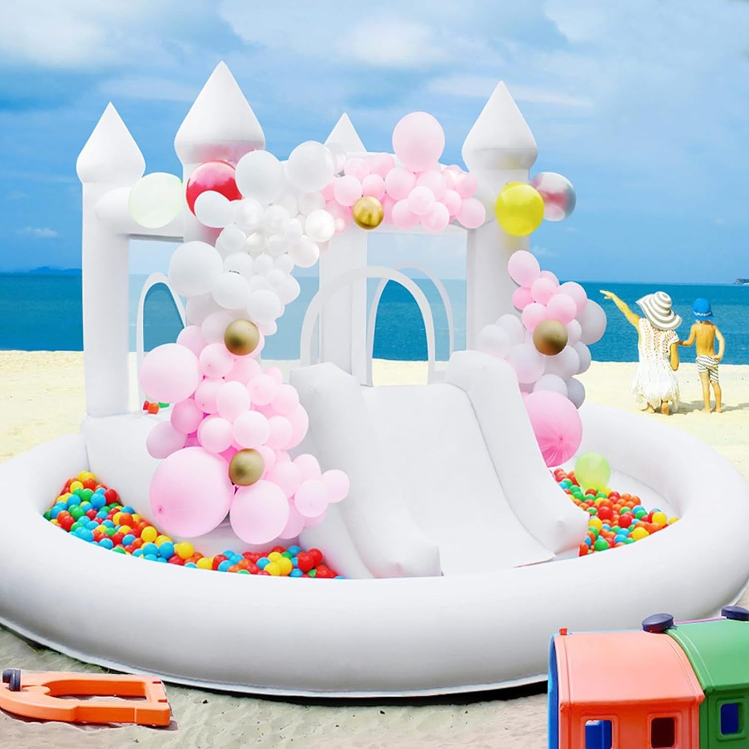 White Bounce House with Ball Pit, Indoor and Outdoor Bouncy Castle with Slide and UL Blower for Kids Family Backyard Party