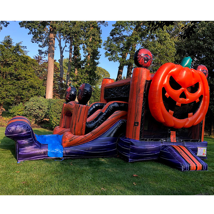 0.55mmPVC Funny Halloween Horror Pumpkin Inflatable Combo  inflatable Halloween bouncy castle and slide