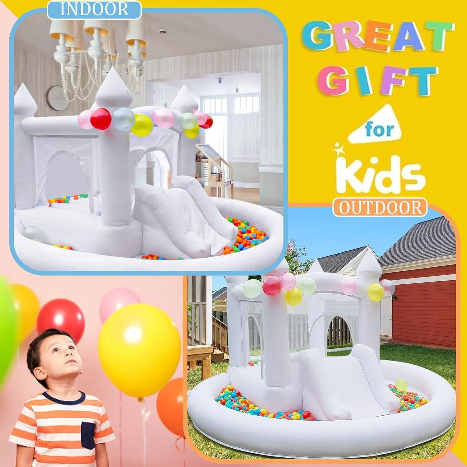 White Bounce House with Ball Pit, Indoor and Outdoor Bouncy Castle with Slide and UL Blower for Kids Family Backyard Party