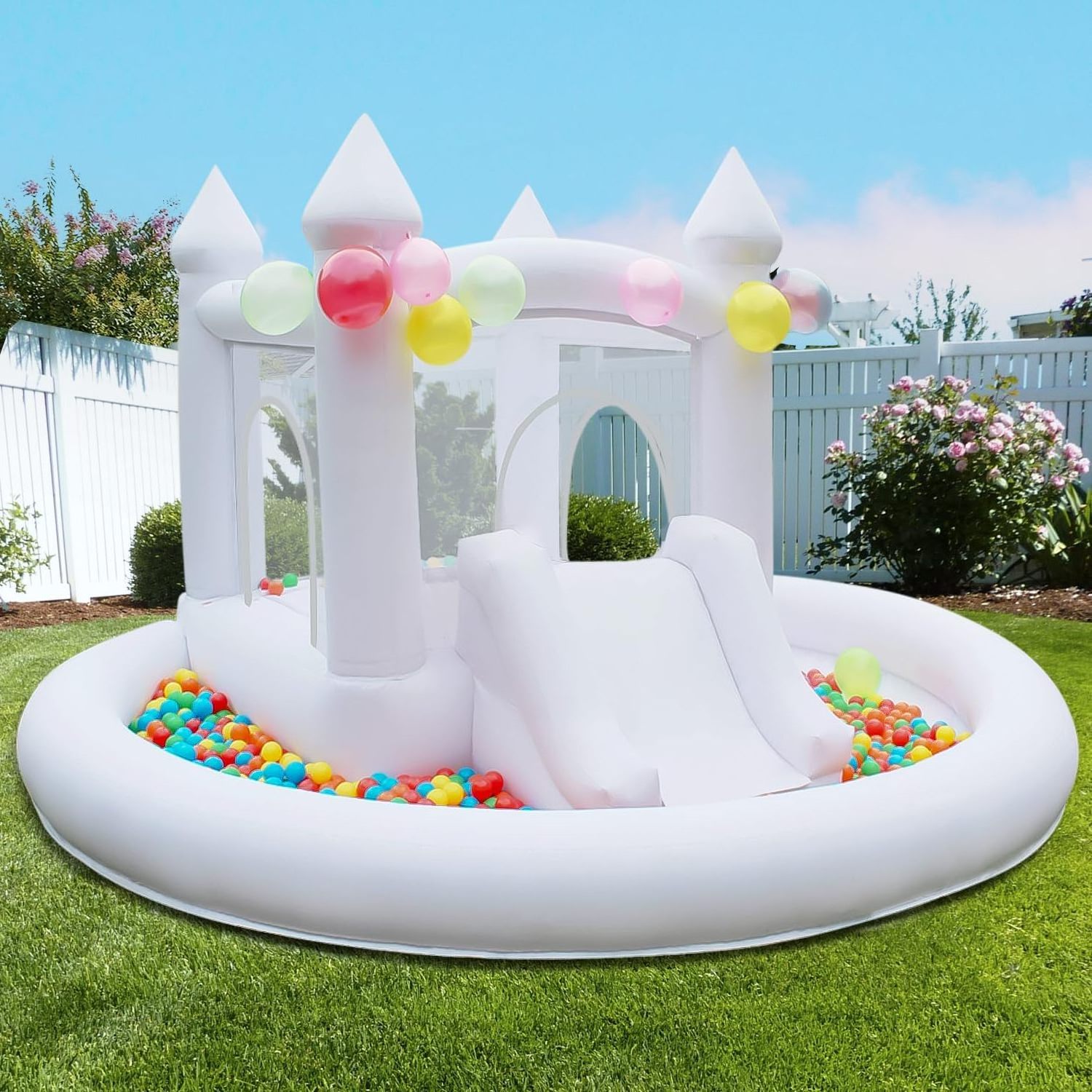 White Bounce House with Ball Pit, Indoor and Outdoor Bouncy Castle with Slide and UL Blower for Kids Family Backyard Party