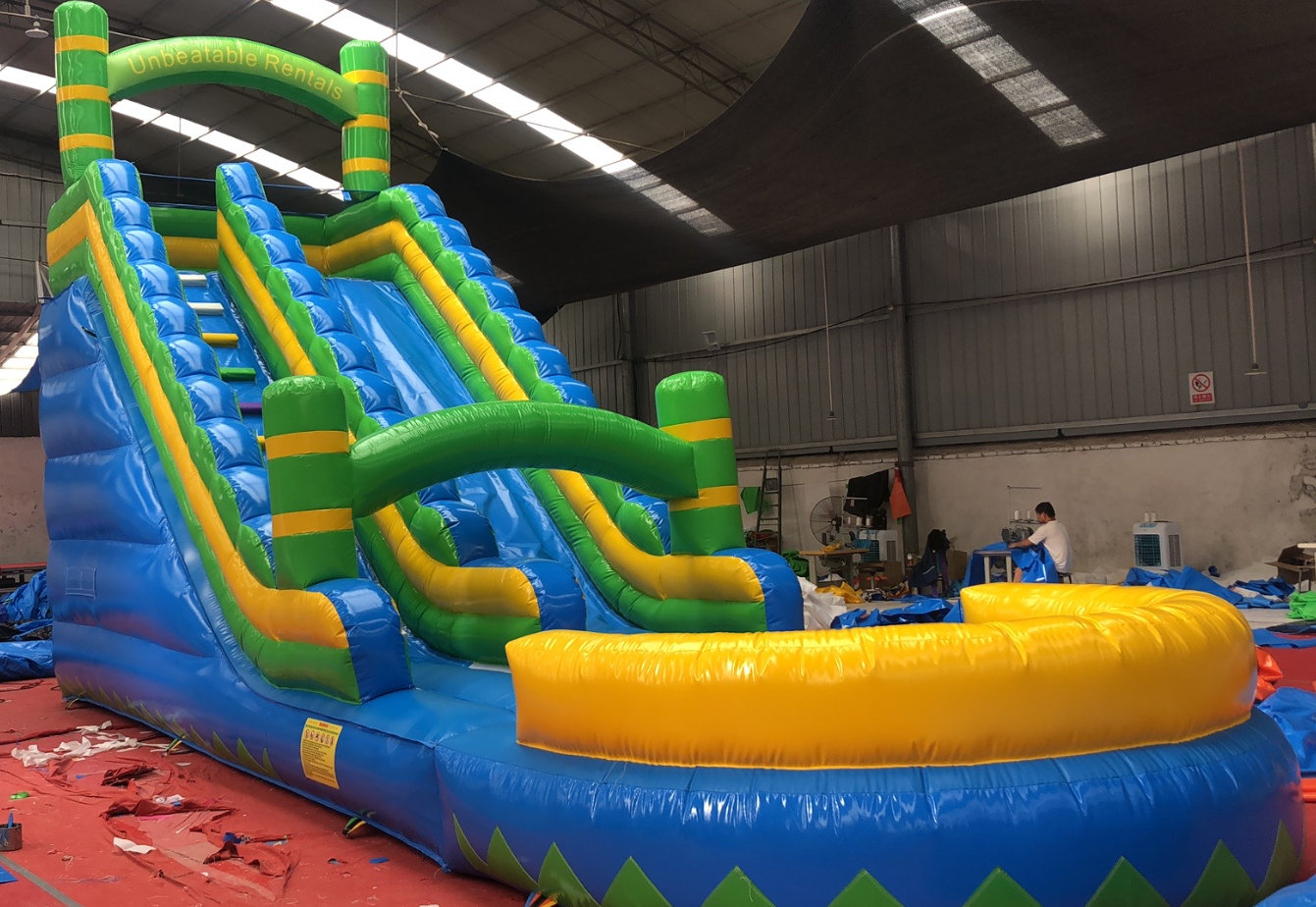 Giant outdoor blue and yellow Single staircase and slide inflatable bouncy slide with pool inflatable slide  jumping castle