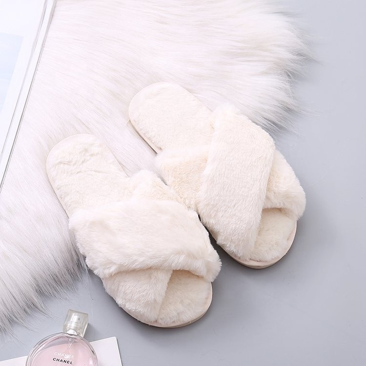 fashion  woman ladies fuzzy fluffy faux rabbit fur indoor home plush cross open toes slipper