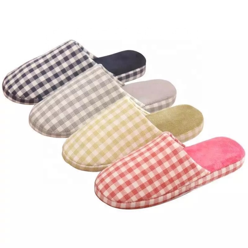 winter woman man couple house plush checked  warm indoor slipper