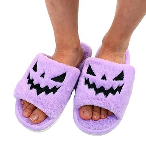 women ladies girls  fur fluffy plush home open toe  Halloween Pumpkin slipper