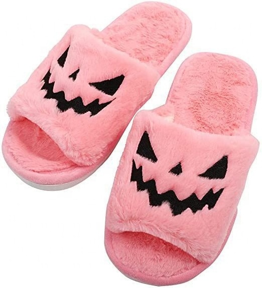 women ladies girls  fur fluffy plush home open toe  Halloween Pumpkin slipper