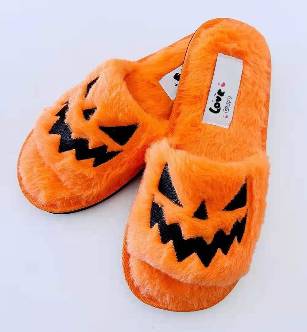 women ladies girls  fur fluffy plush home open toe  Halloween Pumpkin slipper