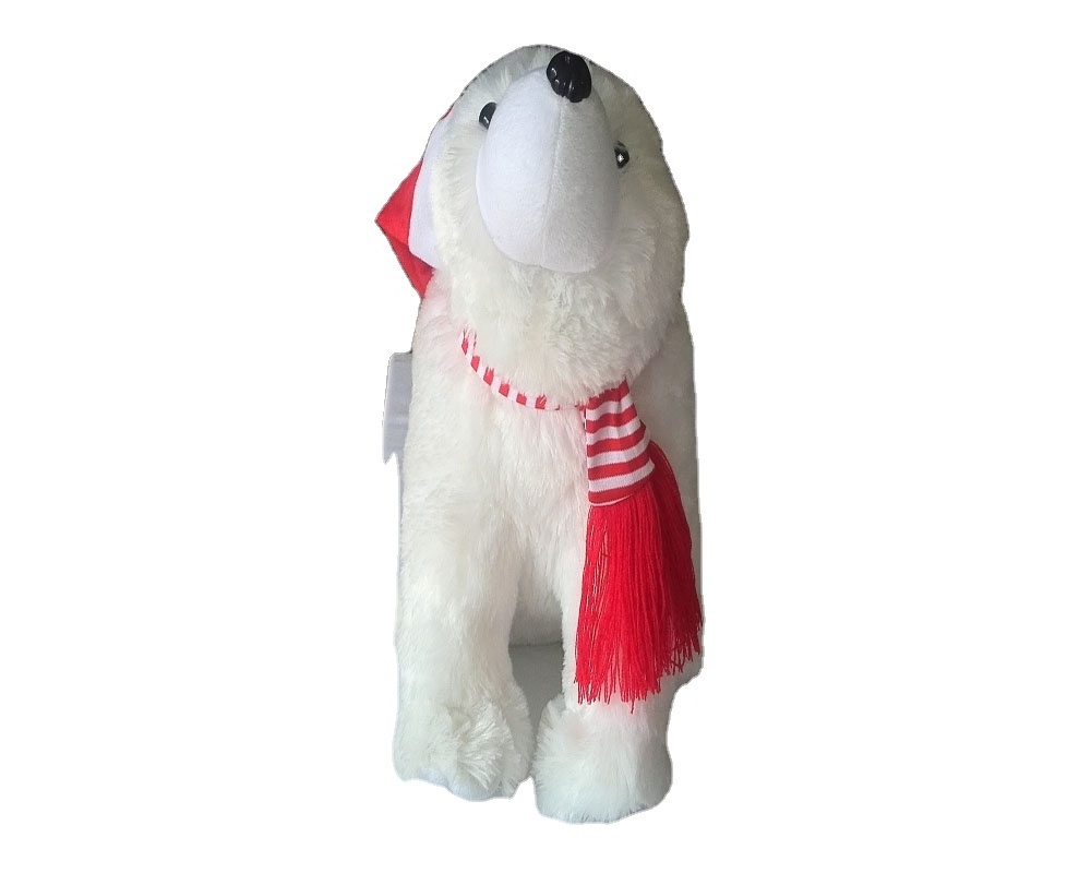 S/M/L promotional customized white plush polar bear animal toy with red scarf