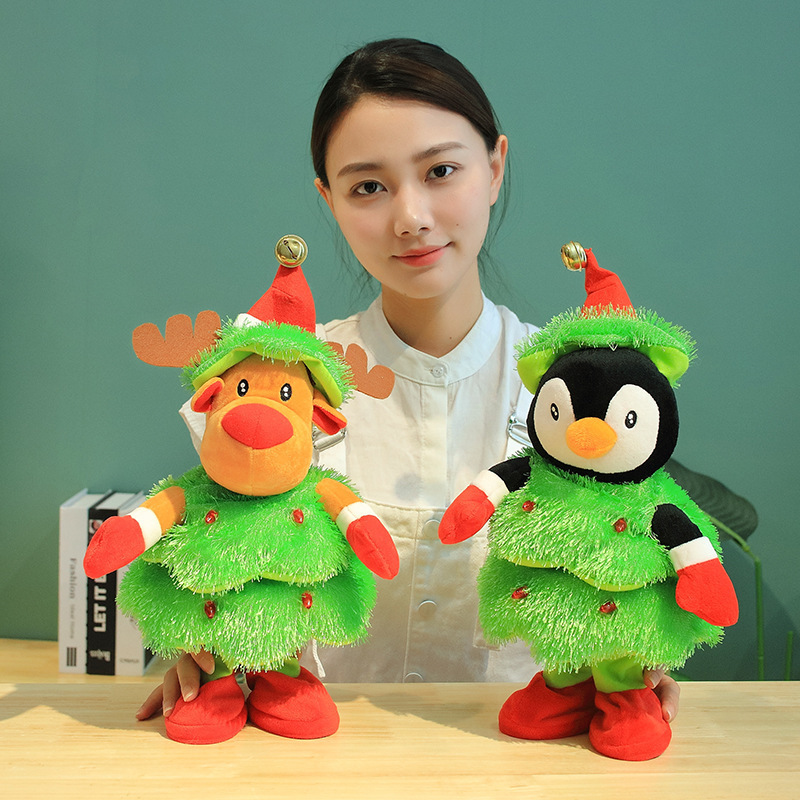 Yangzhou new sunrise custom cute motor-driven singing dancing recording plush snowman reindeer penguin christmas tree doll toy