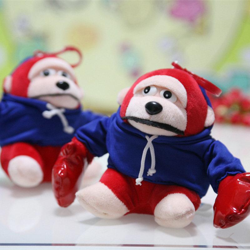 XS/S/M/L/XL promotional customized blue stuffed plush baby ape forest animal toy with red T-shirt(with embroidered logo)