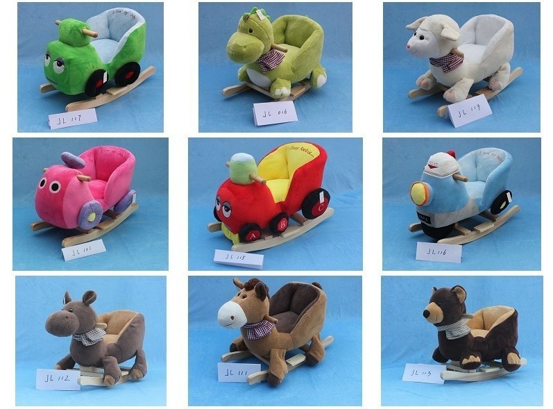 60X32X55cm promotional advertising customized colorful baby plush animal rocking chair collection toy with music&wooden base