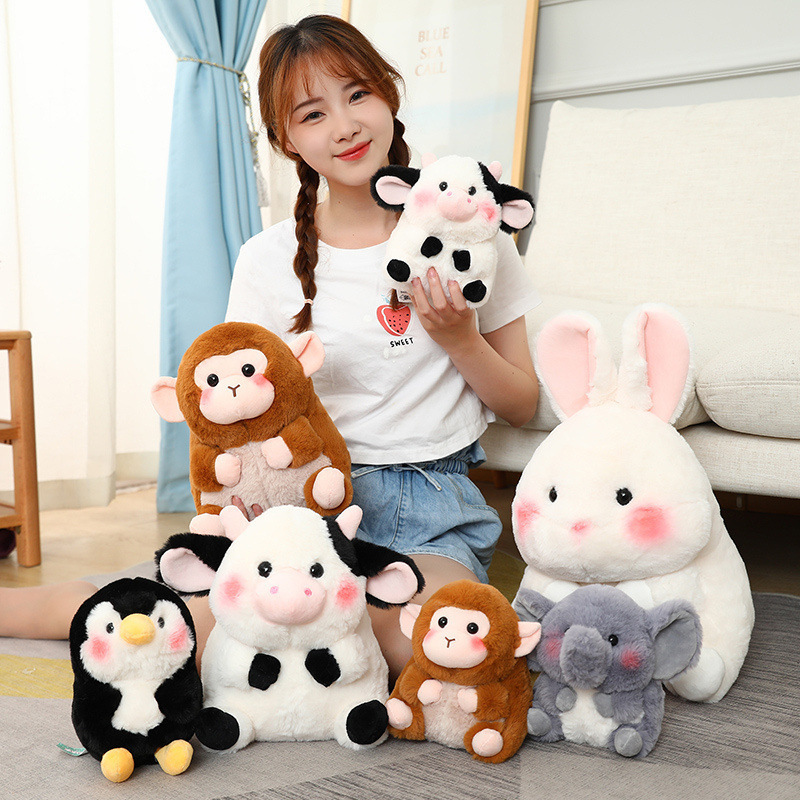 Cute Cartoon Animal Plush Dolls-Unisex Sitting Cow Monkey Penguin White Rabbit Elephant Pink Pig Filled with PP Cotton