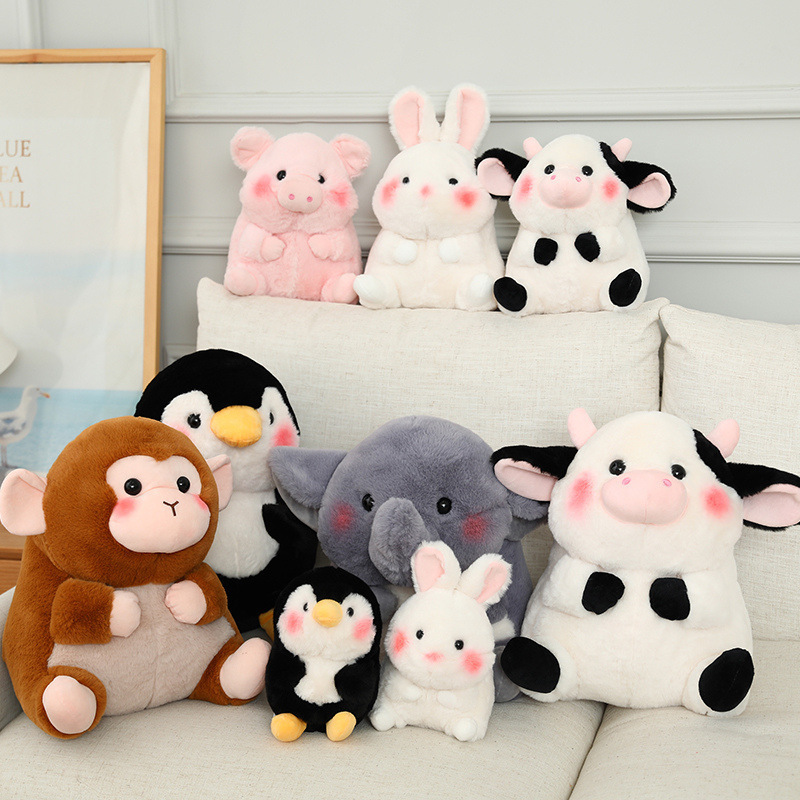 Cute Cartoon Animal Plush Dolls-Unisex Sitting Cow Monkey Penguin White Rabbit Elephant Pink Pig Filled with PP Cotton