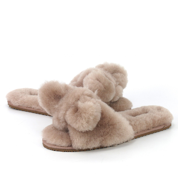 Custom Women Cute BIg Bow One Strap Indoor Outdoor Fashion Fluffy Furry Real Fur Sheep Wool Sheepskin Slippers