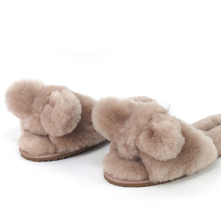 Custom Women Cute BIg Bow One Strap Indoor Outdoor Fashion Fluffy Furry Real Fur Sheep Wool Sheepskin Slippers