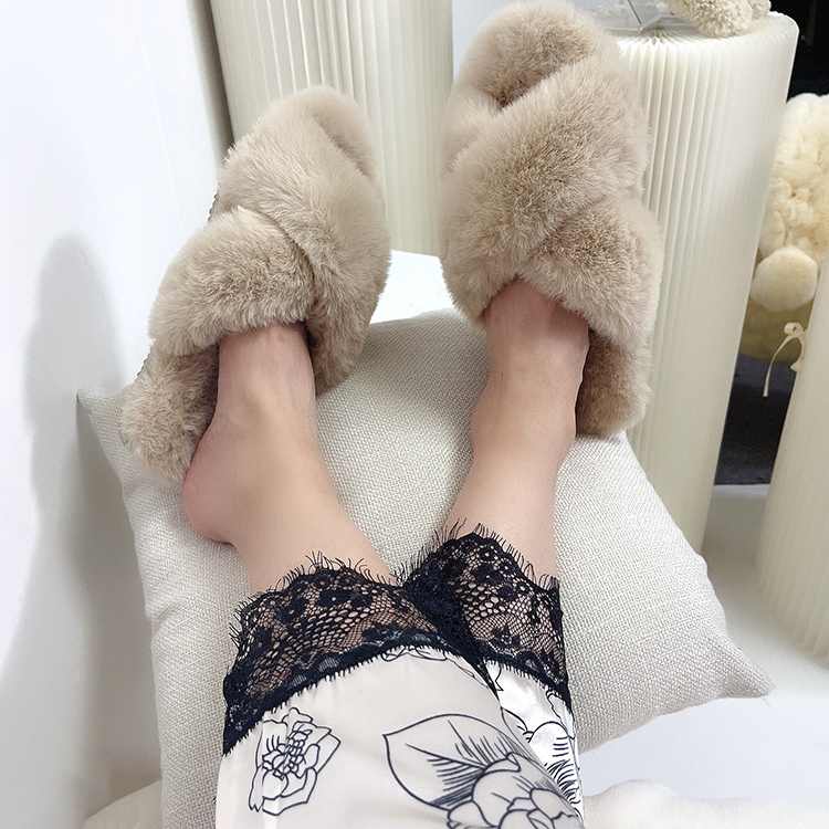 Custom Fashion Morning Night Home Bedroom Gift Cross Band Faux Fur Slippers Fur Slides for Women Sleepers