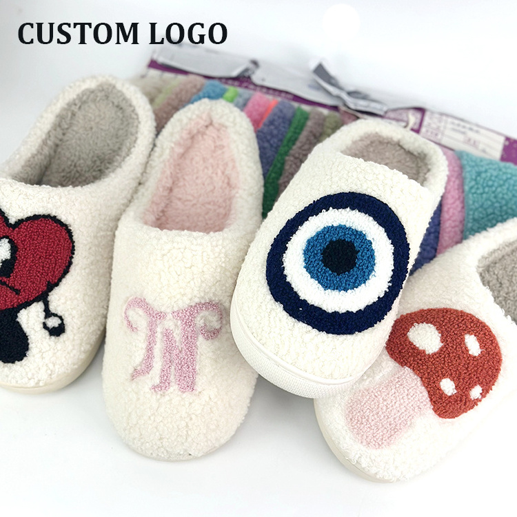 Custom Smile Face Fuzzy Cute Winter Warm Funny Plush Cozy Fluffy House Slippers Halloween Slippers Pumpkin Slippers