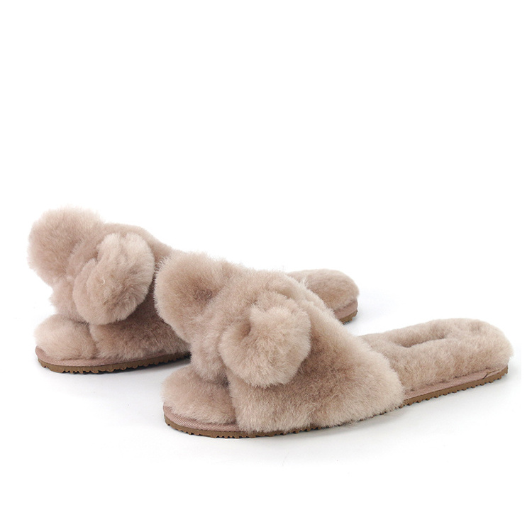 Custom Women Cute BIg Bow One Strap Indoor Outdoor Fashion Fluffy Furry Real Fur Sheep Wool Sheepskin Slippers