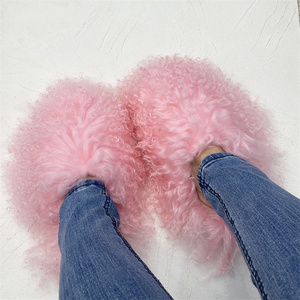 Wholesale Ladies Fashion Custom Real Wool Sheepskin Luxury Style Shearling Mongolian Fur Slides Slippers