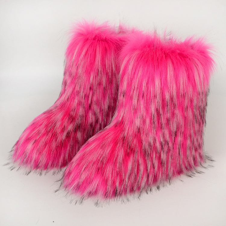 2024 Hot Selling Ladies Imitation Raccoon Fur Boots Factory Wholesale High Quality Fluffy Fur Snow Boots