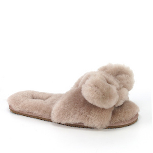 Custom Women Cute BIg Bow One Strap Indoor Outdoor Fashion Fluffy Furry Real Fur Sheep Wool Sheepskin Slippers