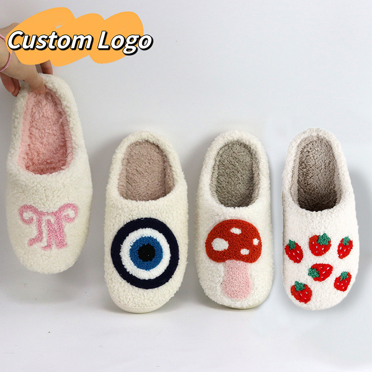 Custom Smile Face Fuzzy Cute Winter Warm Funny Plush Cozy Fluffy House Slippers Halloween Slippers Pumpkin Slippers