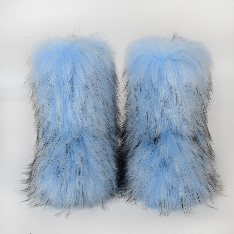 2024 Hot Selling Ladies Imitation Raccoon Fur Boots Factory Wholesale High Quality Fluffy Fur Snow Boots