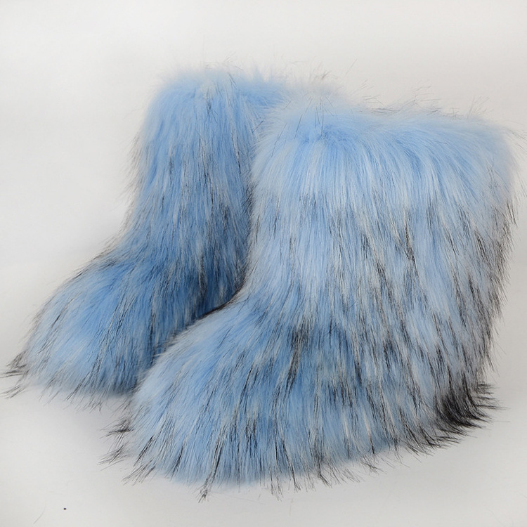 2024 Hot Selling Ladies Imitation Raccoon Fur Boots Factory Wholesale High Quality Fluffy Fur Snow Boots