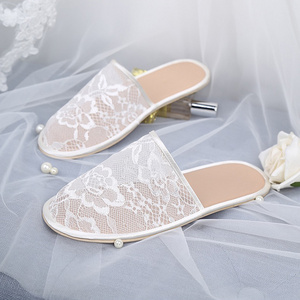 Fashion Wedding Morning Female Bridesmaid Lace Mesh Summer Indoor White Bride Slippers