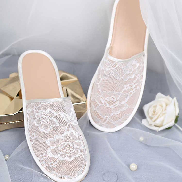 Fashion Wedding Morning Female Bridesmaid Lace Mesh Summer Indoor White Bride Slippers