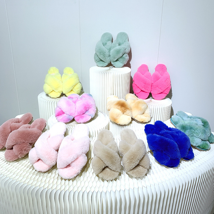 Custom Fashion Morning Night Home Bedroom Gift Cross Band Faux Fur Slippers Fur Slides for Women Sleepers