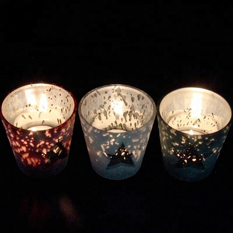 Green silver plated glass candle jars designed with pentagram