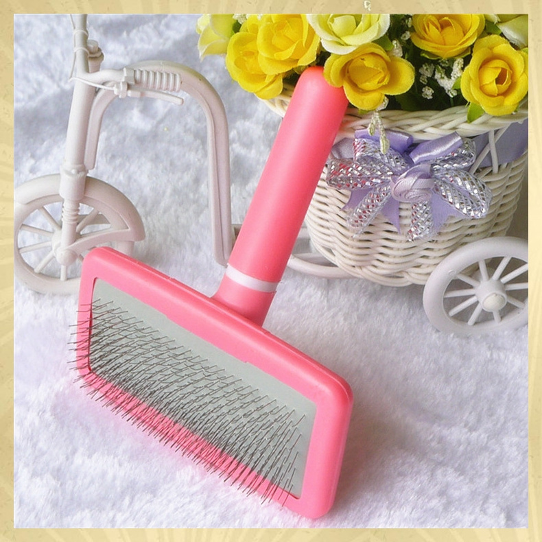 Pink Plastic Handle Pet Dog Cat Animal Puppy Poodle Hair Fur Cleaning Grooming Slicker Comb Brush