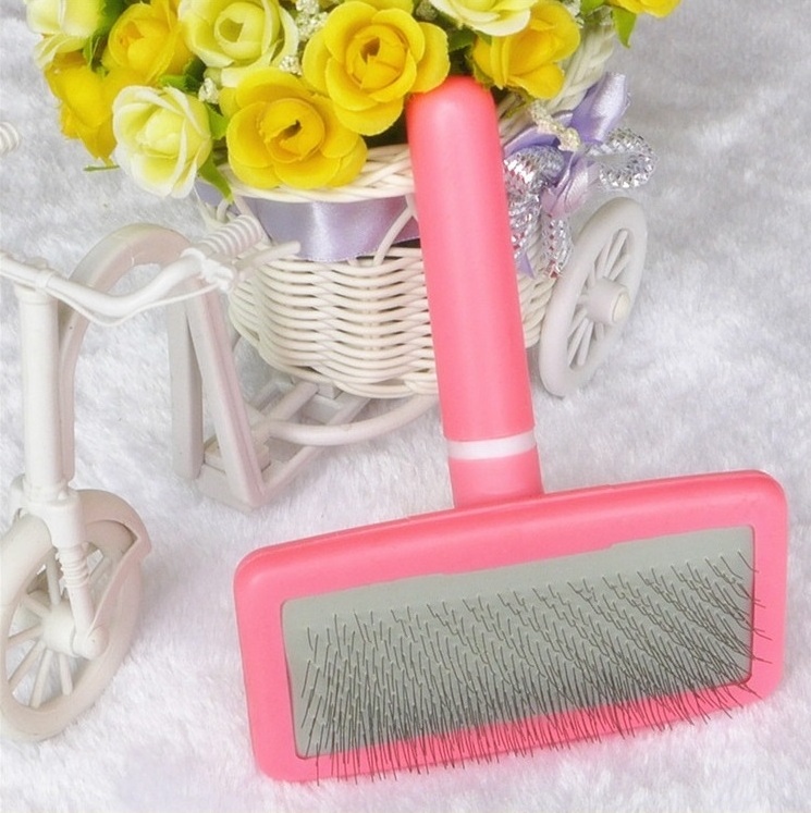 Pink Plastic Handle Pet Dog Cat Animal Puppy Poodle Hair Fur Cleaning Grooming Slicker Comb Brush