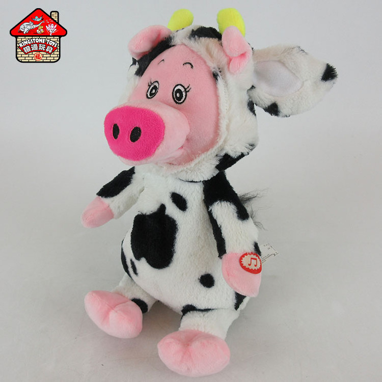 Electronic movement plush toy pig with cow coat soft toy pig dancing and singing