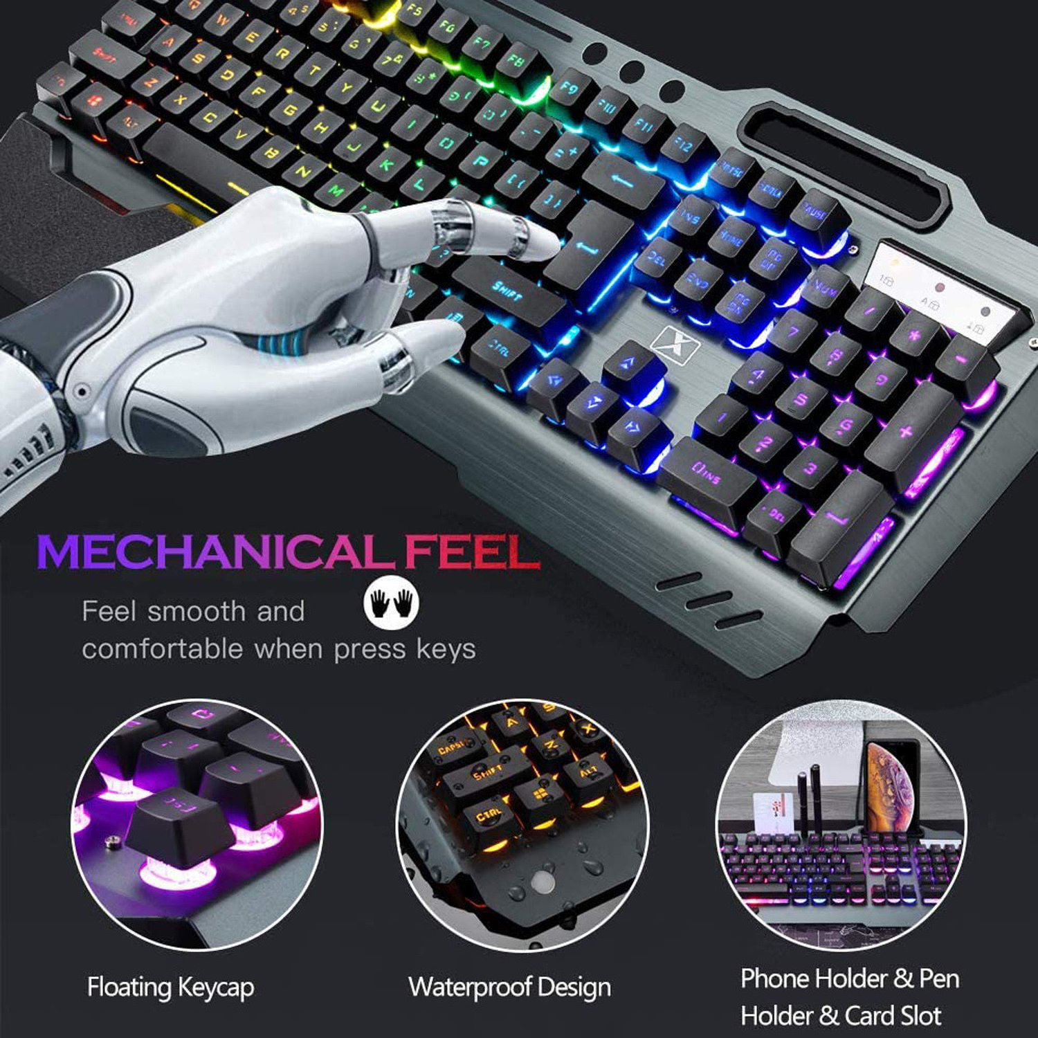 Rgb Led Backlit Mechanical Feel Wireless Gaming Keyboard Mouse Combos With Hand Rest Phone Holder For Computer Gamer Office