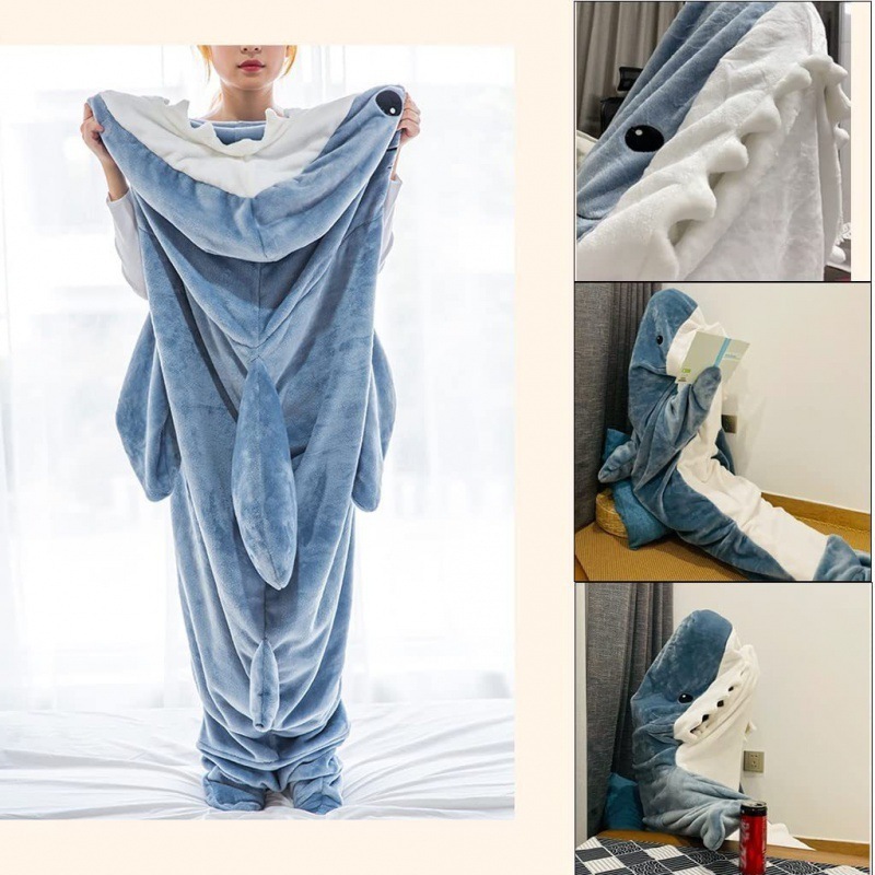 New Shark Blanket adult super soft soft Flannel hoodie sleeping bag one-piece pajamas snuggle shark