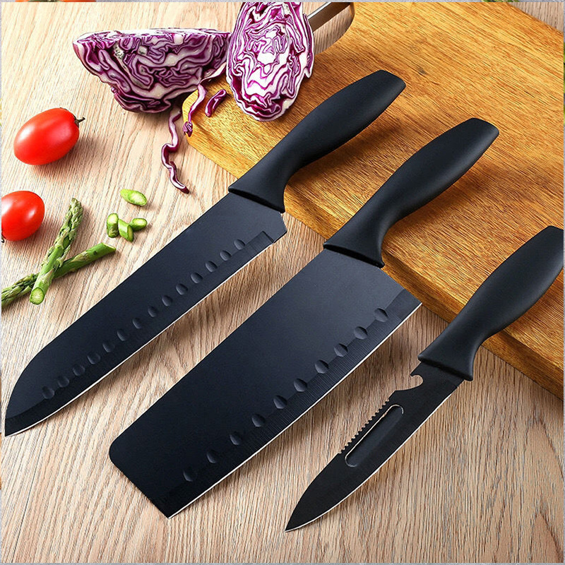 7pcs Black Stainless Steel Knife Set Kitchen Chopping Knife Set with Cutting Board and Knife Holder