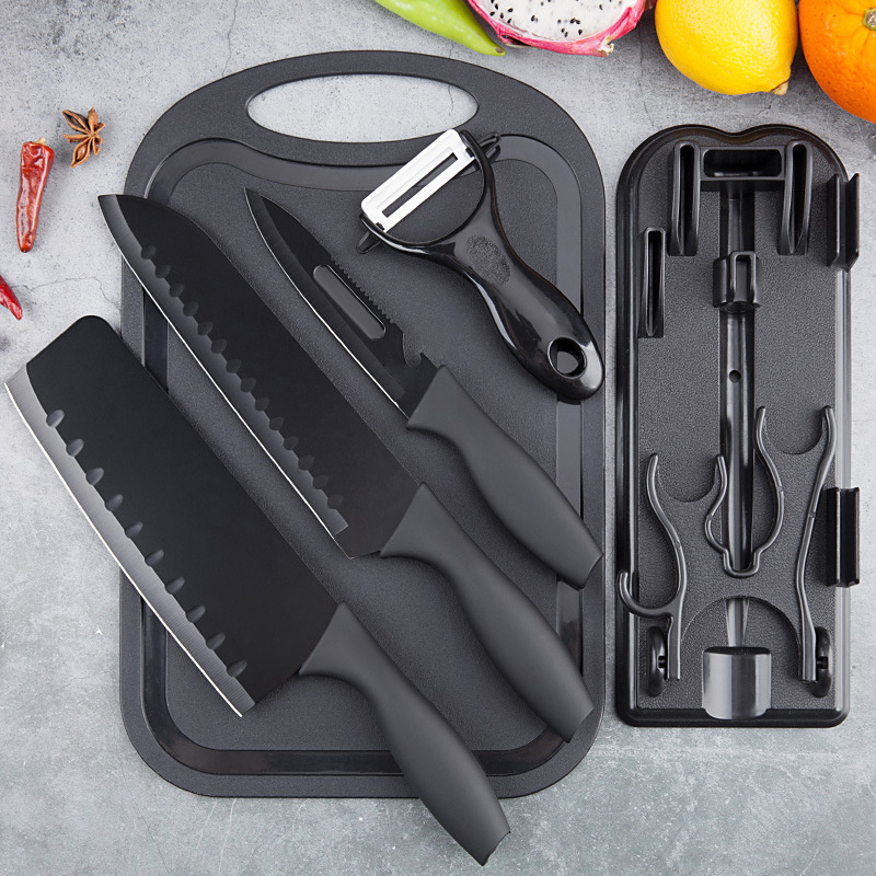 7pcs Black Stainless Steel Knife Set Kitchen Chopping Knife Set with Cutting Board and Knife Holder