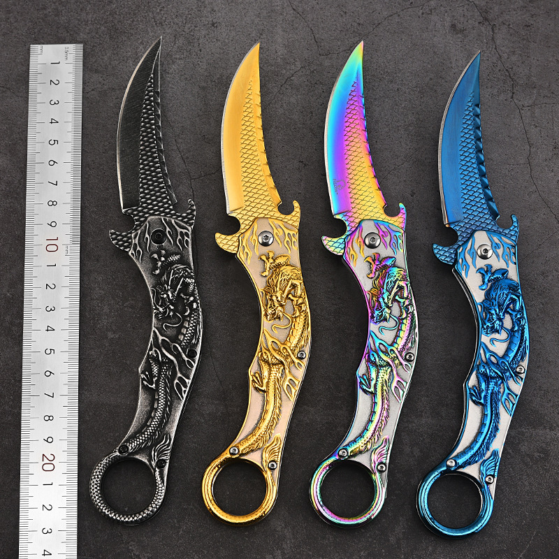 Outdoor Camping Survival Tactical Utility Knife Hunting 3D Dragon Relief Handle Folding Blade Protect Knife