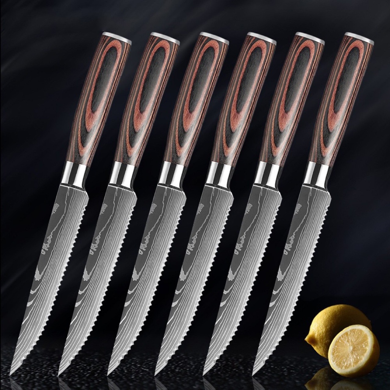 Color Wood Handle Steak Knife Set of 6 Steak Knives Stainless Steel Serrated Set Gift Box