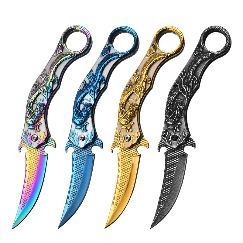 Outdoor Camping Survival Tactical Utility Knife Hunting 3D Dragon Relief Handle Folding Blade Protect Knife