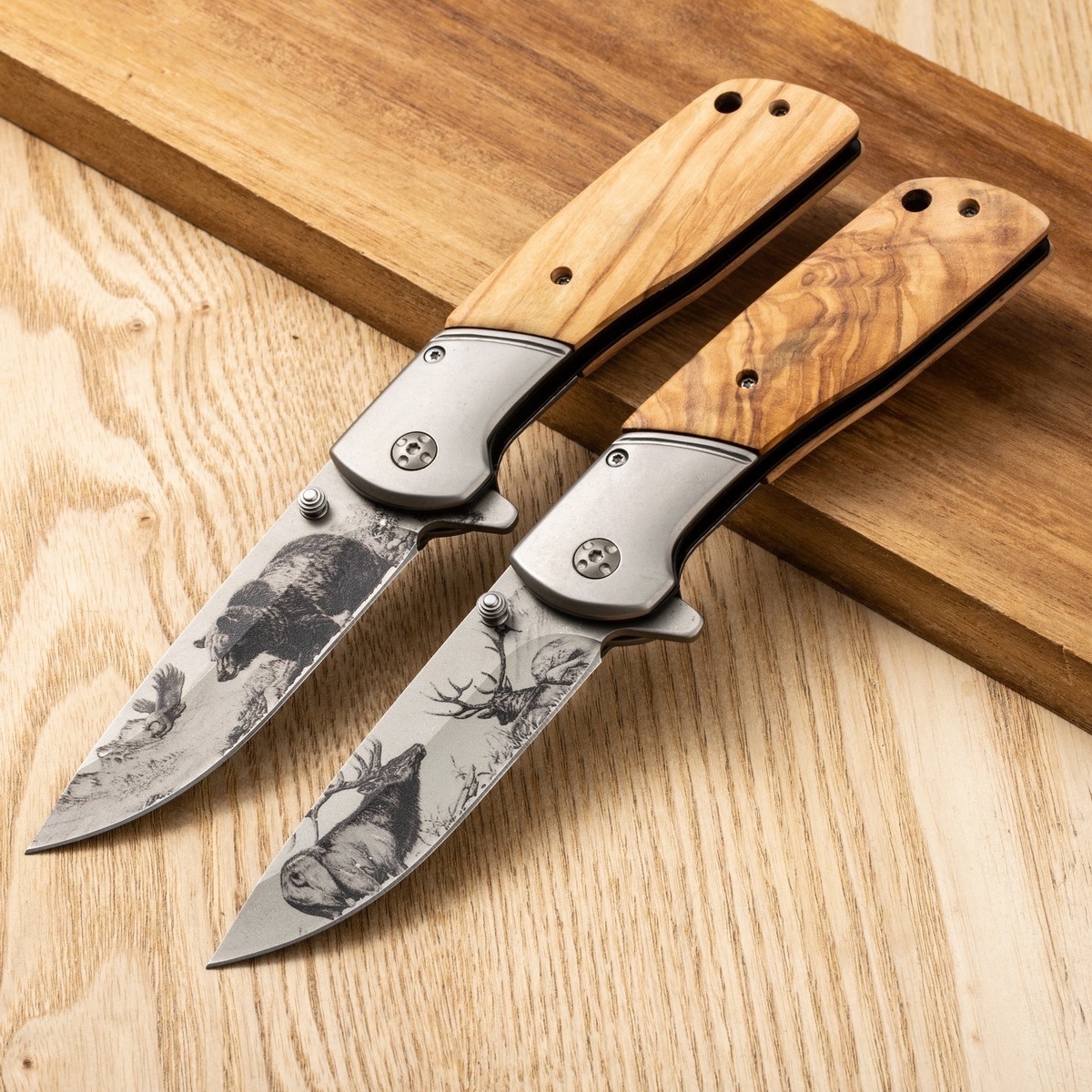 OEM bear elk olive wood handle camping survival tactical outdoor pocket folding hunting knife