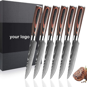 Color Wood Handle Steak Knife Set of 6 Steak Knives Stainless Steel Serrated Set Gift Box