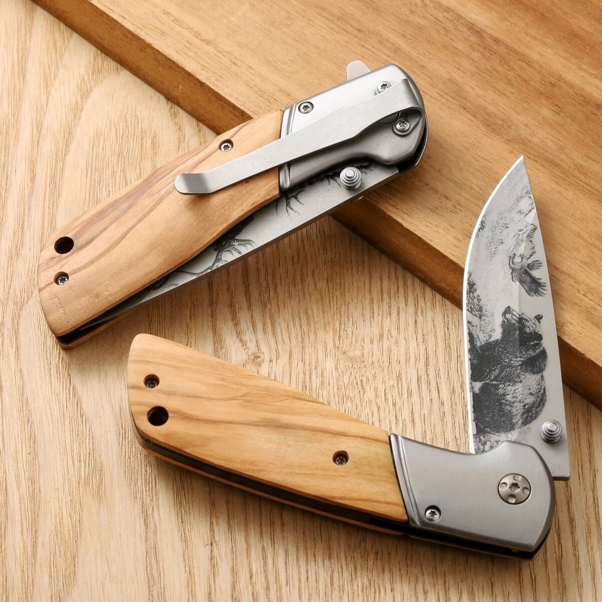 OEM bear elk olive wood handle camping survival tactical outdoor pocket folding hunting knife