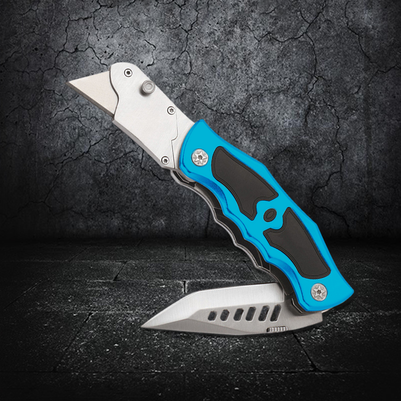 Dual Blade Aluminum Handle Folding Pocket Utility Knife Cutting Sharp Heavy Duty With Belt Clip