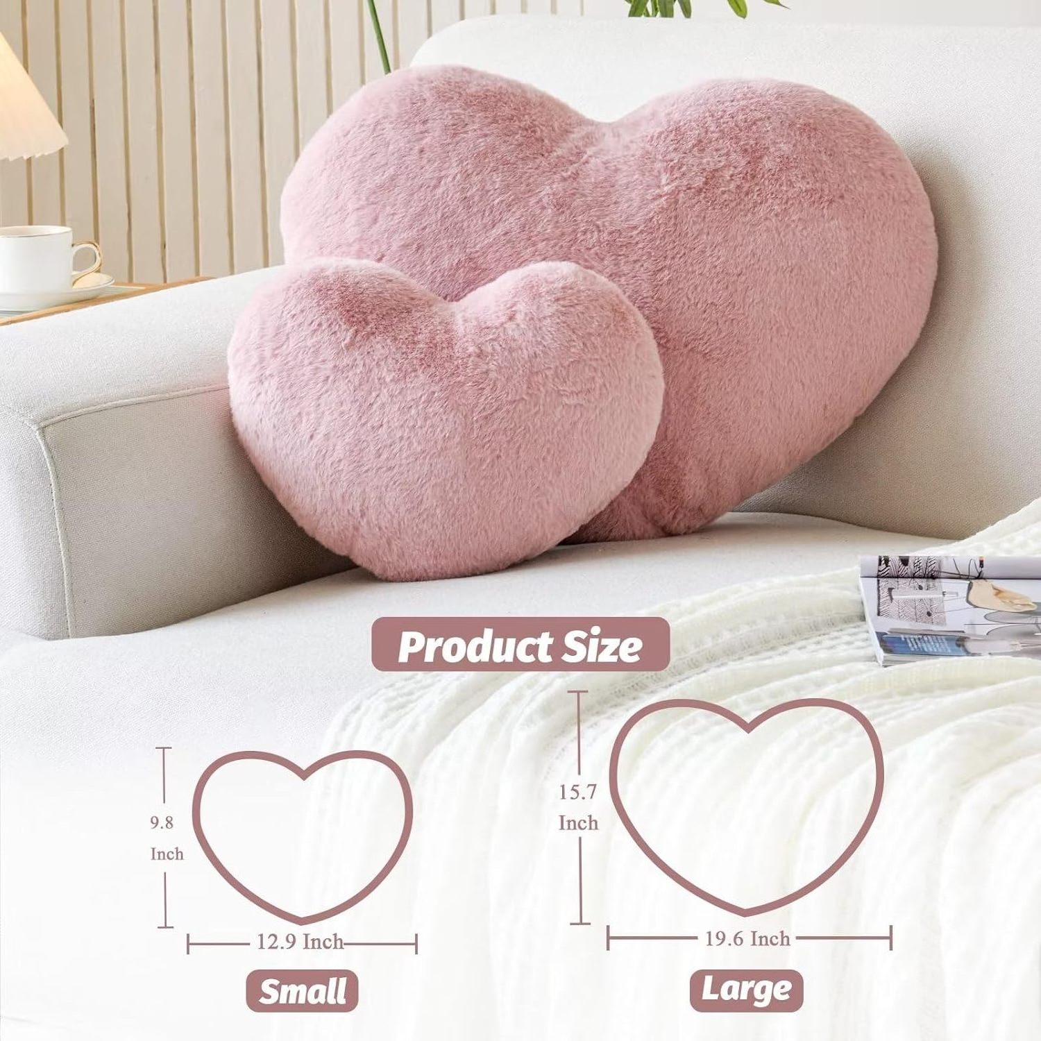 2023 custom  Heart Shaped Cute Faux Rabbit Fur Room Decorative throw Pillow Heart Plush Cushion for Couch Bed Kid Girls