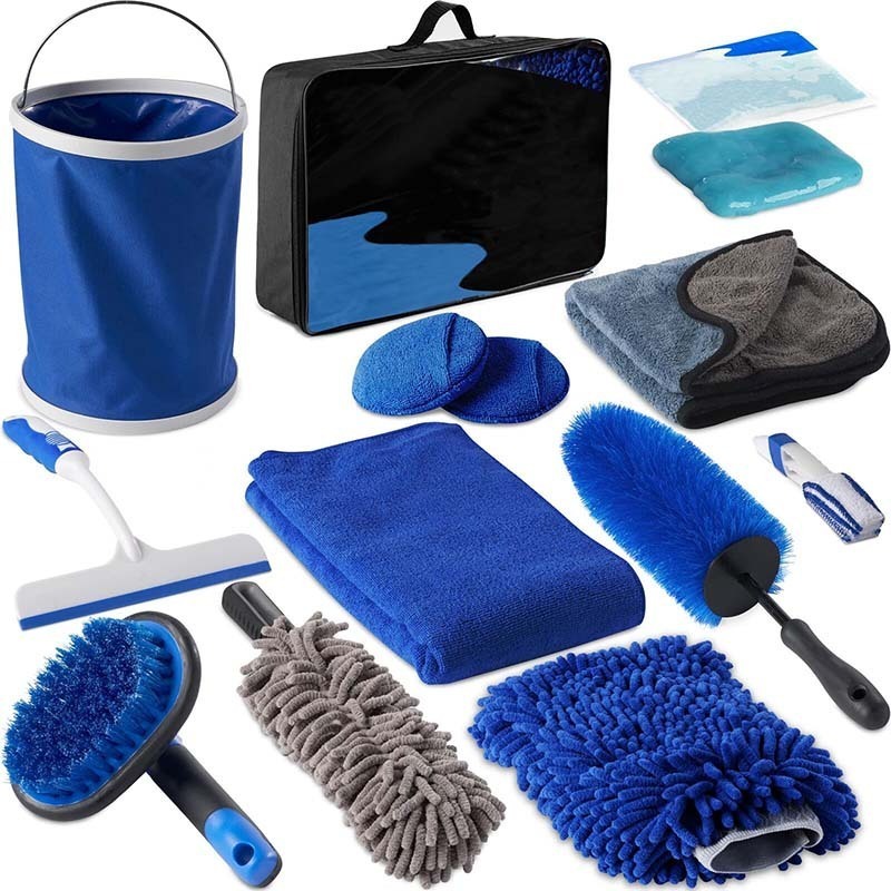 Car Wash Cleaning Tool Set With Bag Blue Microfiber 13PCS Gloves Towel  Sponge Car Care Kit Wheel Brush Car Beauty Cleaning Kit