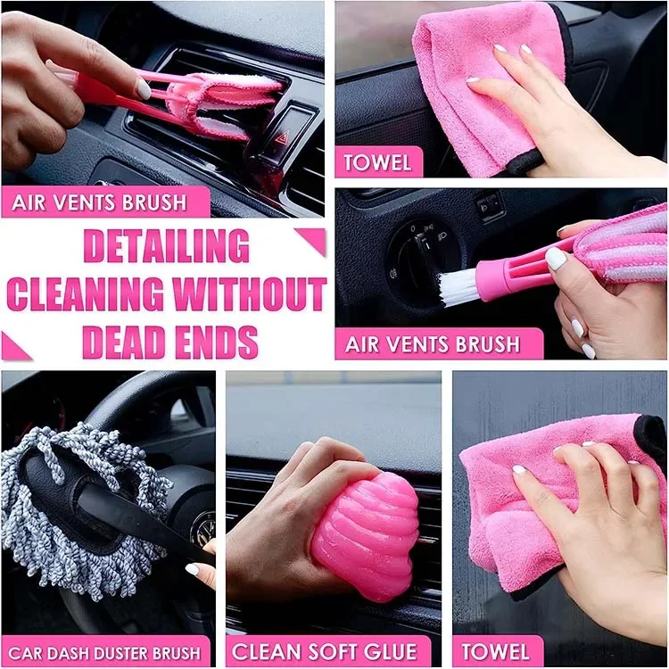 Well-Designed Women's Pink Interior Car Detailing Cleaning Kit with High Power Handheld Vacuum and Detailing Brush Set