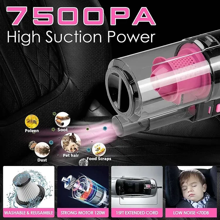 Well-Designed Women's Pink Interior Car Detailing Cleaning Kit with High Power Handheld Vacuum and Detailing Brush Set