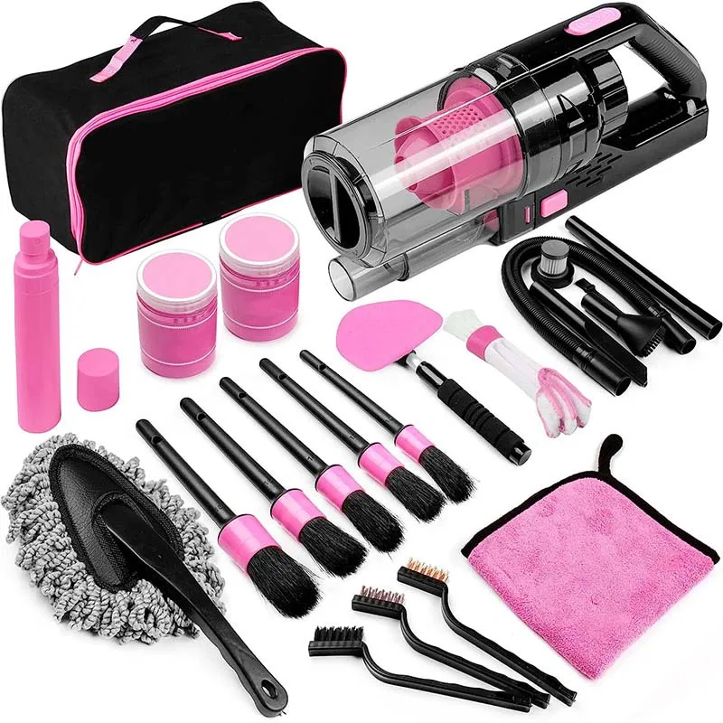 Well-Designed Women's Pink Interior Car Detailing Cleaning Kit with High Power Handheld Vacuum and Detailing Brush Set